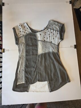 Cecico Patchwork Lace Accent Tunic in Gray and Cream